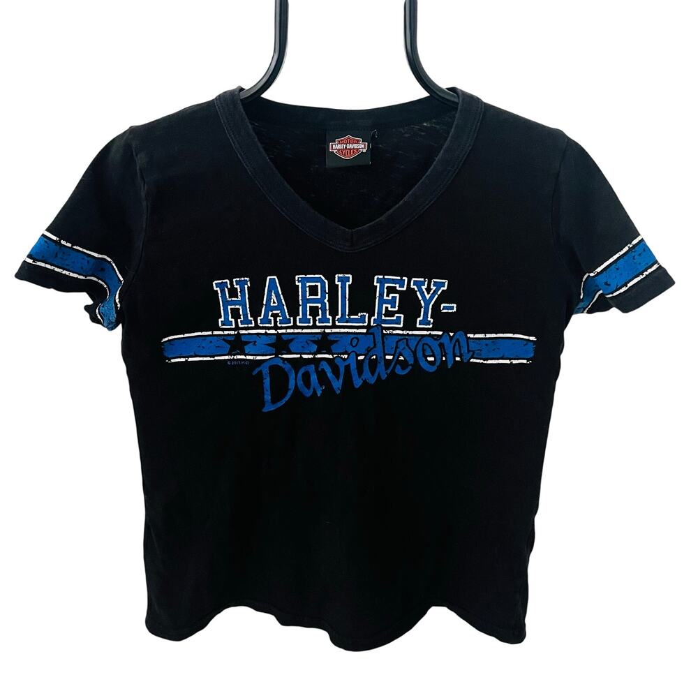 Harley-Davidson Women’s Large V-Neck T-Shirt Black Blue Varsity Stripe 2013